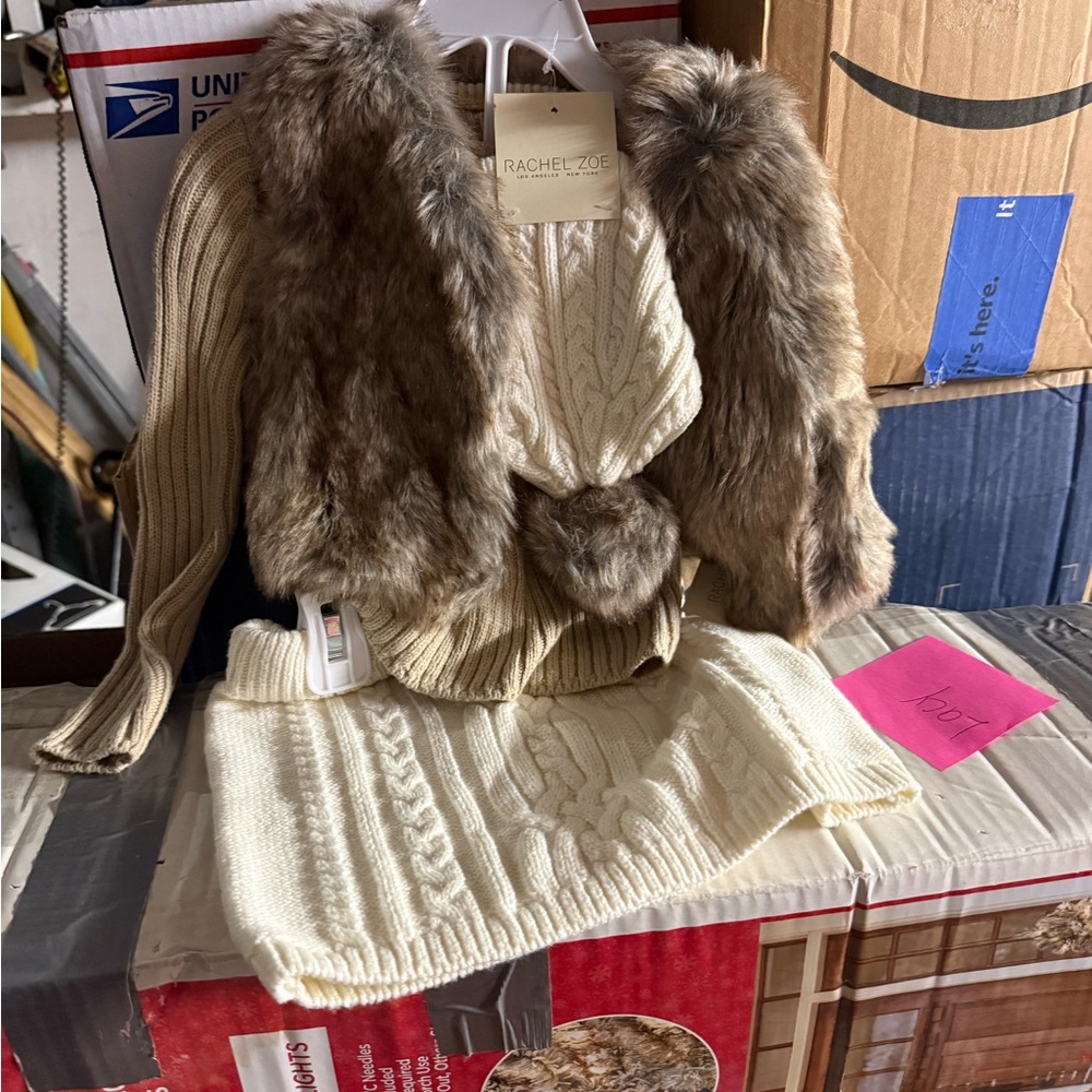 Rachel Zoe Cream Cable Knit Dress with Faux Fur